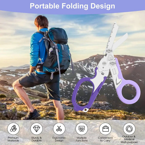 Six In One Heavy Duty Emergency Trauma Shears With Window Breaker And Multi Tool Scissors Oxygen Can Opener Knife Saw Scale For Outdoor Adventures Survival Gear, portable folding design