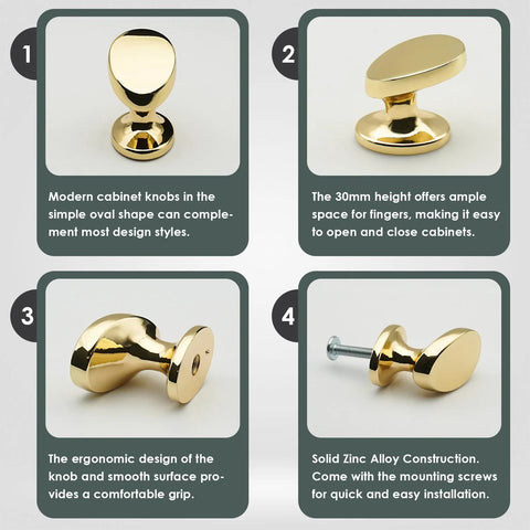 4 Pack Polished Brass Cabinet Knobs Set Solid Zinc Alloy Pulls showcasing design and mounting screws in multiple views