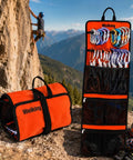 Rock Climbing Gear Storage Bag For Quickdraws And Small Parts Carabiner Hook Organizer displayed open and closed on a mountain ledge.