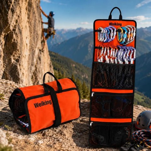 Rock Climbing Gear Storage Bag For Quickdraws And Small Parts Carabiner Hook Organizer displayed open and closed on a mountain ledge.