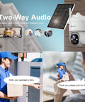 2K Solar Wireless Outdoor Security Camera With 360 Degree PTZ showing two-way audio feature and live video interaction.