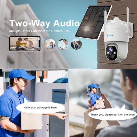 2K Solar Wireless Outdoor Security Camera With 360 Degree PTZ showing two-way audio feature and live video interaction.