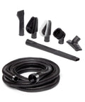 Pro-Grade 1-1/4 In Wet Dry Shop Vac Attachment Kit With Reinforced 11 Ft Hose, detailing brushes, and crevice tools for effective cleaning.