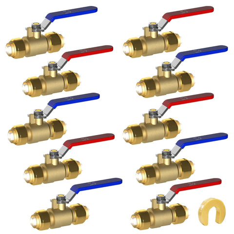 Ten Pack Half Inch Push In Full Port Ball Valves For Hot And Cold Water With Disconnect Clip Water Stop Shut Off Made From Brass