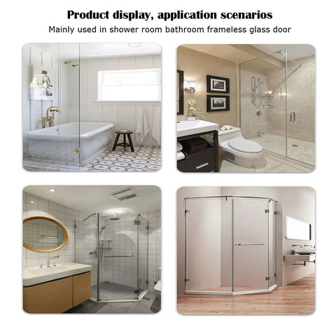 Heavy Duty Glass Shower Hinges Two Pack 180 Degree Turn For Frameless Bathroom Doors shown in various bathroom settings.
