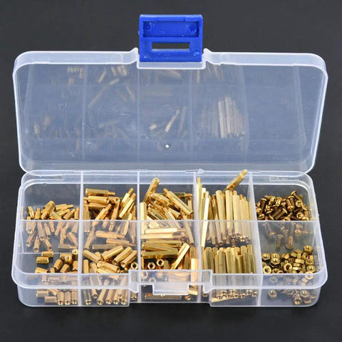 Dope Brass Standoff Kit 320 Piece Set With Hex Male And Female Spacers And Nuts, 8 Size Options For Electronics, 3D Printing, And PC Building, Tarnish Resistant Durable Brass Hardware For Easy, Reliable Assembly. brass standoff kit in organizer box