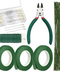 All In One DIY Floral Arrangement Kit With Green Wire And Floral Tape Including 26 Gauge Stem Wire 114 Feet 22 Gauge Paddle Wire 3 Rolls Dark Green Tape 50 Corsage Boutonniere Pins And A Wire Cutter For Wreaths And Bouquets displayed with tools and materials.