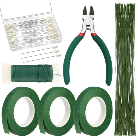 All In One DIY Floral Arrangement Kit With Green Wire And Floral Tape Including 26 Gauge Stem Wire 114 Feet 22 Gauge Paddle Wire 3 Rolls Dark Green Tape 50 Corsage Boutonniere Pins And A Wire Cutter For Wreaths And Bouquets displayed with tools and materials.