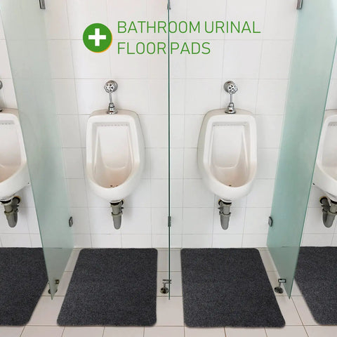 Three black Non Slip Urinal Mats For Men 12 Pack Water Absorbent Bathroom Floor Pads Black 17.3 By 22 Inches placed below urinals