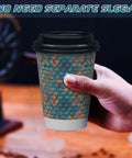 Hella Sturdy Double Wall Paper Coffee Cups With Leak Proof Lids 100 Pack 12 Oz textured design held in hand for takeaway drink.