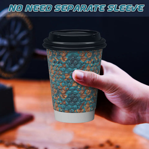 Hella Sturdy Double Wall Paper Coffee Cups With Leak Proof Lids 100 Pack 12 Oz textured design held in hand for takeaway drink.
