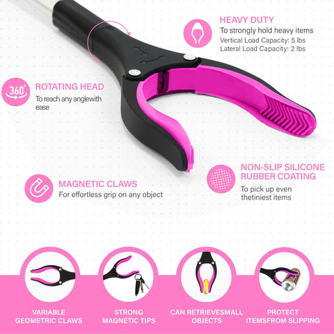 Pink magnetic grabber tool for seniors with rotating head and strong magnetic claws, ideal for easy reach and gripping various items.