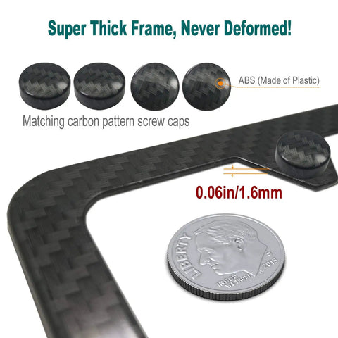 Carbon Pattern Aluminum License Plate Frame, Beefy Heavy Duty Black Car Tag Holder with 1.6mm thickness and carbon screw caps