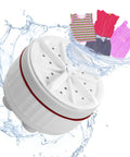 Suction Cup Mini Portable Ultrasonic Washing Machine with clothes, 9x9x5cm size, ideal for quick garment care.