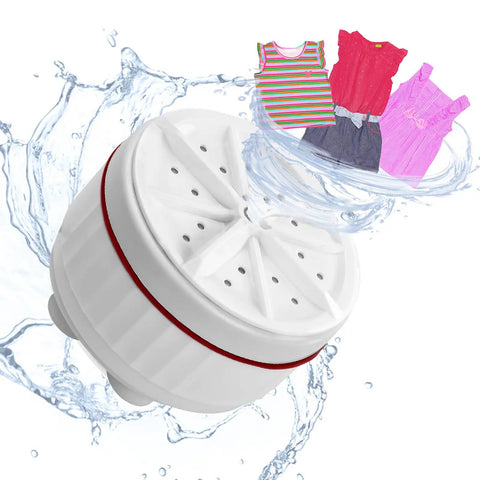 Suction Cup Mini Portable Ultrasonic Washing Machine with clothes, 9x9x5cm size, ideal for quick garment care.