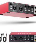 Red All In One USB Audio Interface For Recording, Podcasting And Streaming, 24 Bit 192 KHz, with 48V Phantom Power and cables