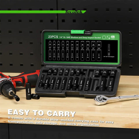 29-Piece 1/4-Inch Drive Impact Socket Set With Shallow And Deep 12-Point Sockets, CR-V Steel, open case with socket sizes visible.