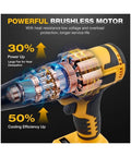 Cordless Brushless Rivet Gun Kit With LED Light, highlighting powerful motor and cooling efficiency details