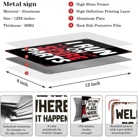 I Run On Spare Parts Vintage Metal Wall Art Sign 8x12 Inches Rust Free Aluminum Decor For Garage And Man Cave And Home UV Printed Finishes That Stand Up To Humidity Sun Scratches And Everyday Use. 12x8 aluminum sign with layered print and mounting holes