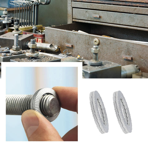 Wedge lock washer set in manganese steel, 30-pair for M8–M20 bolts; collage shows bolt with lock washer and two washers