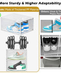 Heavy Duty Super Clear Shoe Organizer With Reinforced Magnetic Front Door Stackable Storage Box shown with varied shoes and shown sturdy construction.