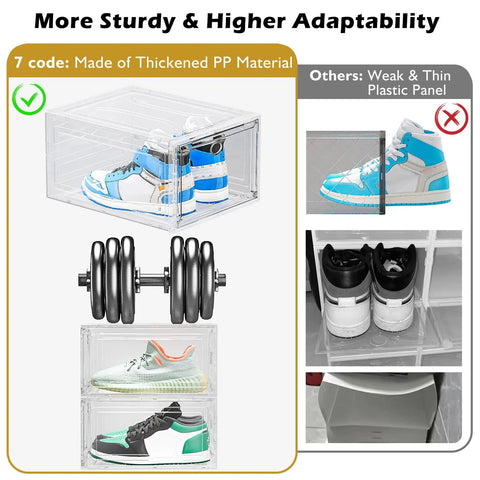Heavy Duty Super Clear Shoe Organizer With Reinforced Magnetic Front Door Stackable Storage Box shown with varied shoes and shown sturdy construction.