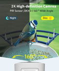 Smart Bird Feeder With Camera showing 2K live video and AI bird identification feature in action, outdoor installation.