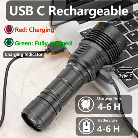12W 365nm UV Flashlight USB C Rechargeable Long Range Black Light charging via laptop with indicators for urine detection.
