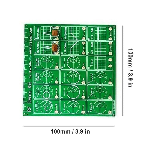 RF Demo Kit PCB for NanoVNA, 100mm x 100mm with filter attenuator and network analyzer markings, green board