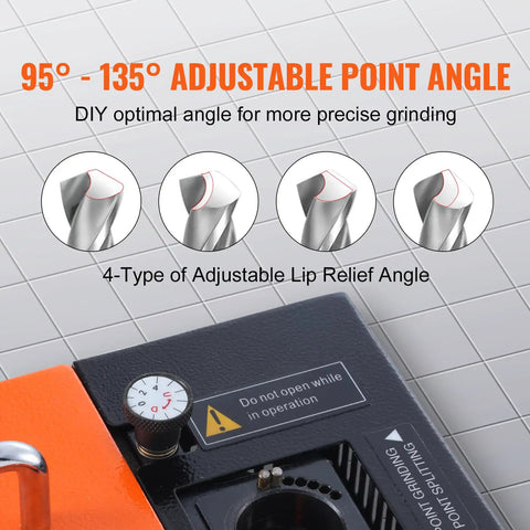 Heavy Duty Drill Bit Sharpener For Professionals And DIY Heroes, Precise 3mm To 20mm Grinding With Adjustable Point Angle showing 4 adjustable lip relief angles.