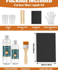5Ft Carbon Fiber Repair Kit With 12 Inch Cloth Roll Epoxy Resin 200g And 100g Hardener For DIY Car Boat Basement Home Repairs Includes Mixing Cups Sticks Gloves Sandpaper Pro Grade package contents