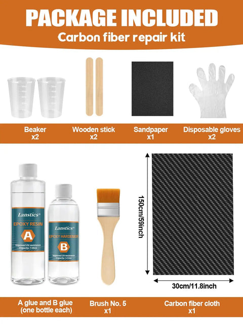 5Ft Carbon Fiber Repair Kit With 12 Inch Cloth Roll Epoxy Resin 200g And 100g Hardener For DIY Car Boat Basement Home Repairs Includes Mixing Cups Sticks Gloves Sandpaper Pro Grade package contents