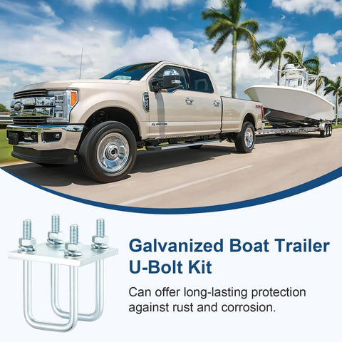 Truck towing boat with Two Piece Square U Bolt Kit For Boat Trailer Axle Leaf Springs Heavy Duty U Bolts in foreground.