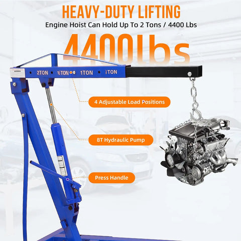 2 Ton Hydraulic Engine Hoist Cherry Picker 4000 Lbs Load Capacity with engine lift, adjustable load positions and hydraulic pump.