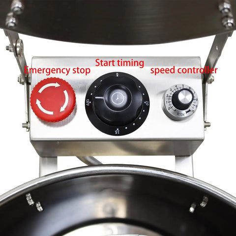 Control panel for No Sweat Commercial Electric Salad Dryer And Heavy Duty Salad Spinner For Restaurants Built From Top Tier Stainless Steel.
