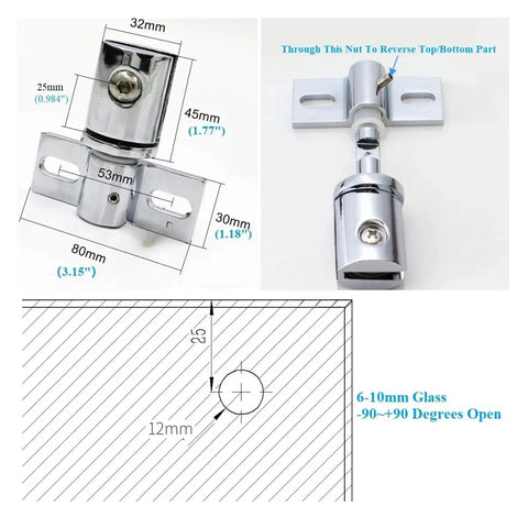 Dimensions and close-up of Beefy Stainless Steel Shower Door Hinges Two Pack For Frameless Glass Enclosure, Heavy Duty Pivot Hinges.