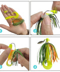 Person demonstrating DIY rigging of Slick Silicone Jig Skirts For Spinnerbaits And Buzzbaits With Shimmering Flakes.