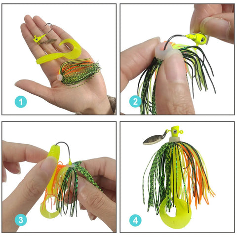 Person demonstrating DIY rigging of Slick Silicone Jig Skirts For Spinnerbaits And Buzzbaits With Shimmering Flakes.