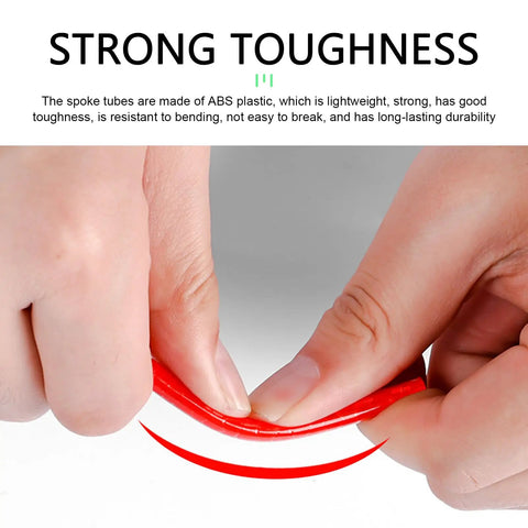 Person bending a red ABS plastic spoke tube from Multicolor 72 Piece Bicycle Spoke Reflectors Kit With 360 Degree Visibility For Night Riding Reflective Stickers For Bicycle And Motorcycle Spokes All Wheel Safety Enhancement Set To Increase Visibility And Style, showing toughness.