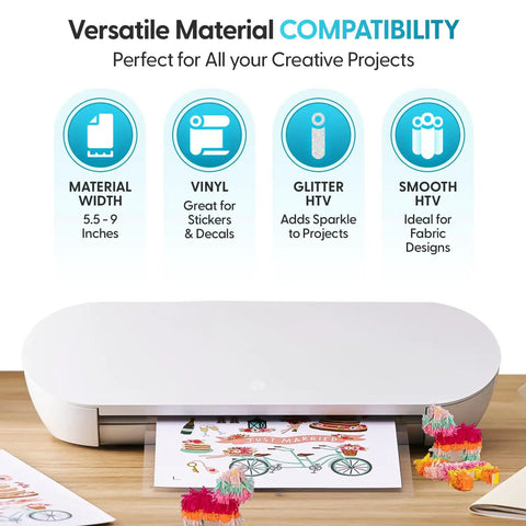 Silhouette Portrait 4 Vinyl Cutting Machine Starter Bundle with material compatibility for vinyl, glitter HTV, and smooth HTV.