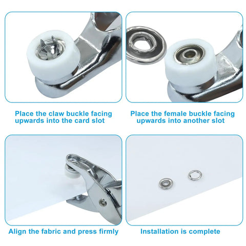 Straight Up 100 Sets Of Silver 9.5 Mm Heavy Duty Metal Snap Buttons With Professional Setting Pliers Kit For Jackets And Leather Work That Hold Secure Every Single Time, installation steps shown.