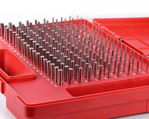 Pro Grade Pin Gauge Set M1 0.061-0.250 Inches, 190-Piece Class ZZ Steel Pin Gauges With Storage Case, Ultra Precise Measurement Tools With Tight Tolerances 0.0000 To -0.0002, HRC 60-62; steel pins in red case