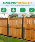 Heavy Duty Fence Post Repair Kit With Galvanized Steel Stabilizers and Rust Resistant Yard Boosters displayed next to a wooden fence.