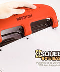 Hand using Three Hole Punch With PaperPro EZ Squeeze Technology Delivers 20 Sheet Capacity No Jam Action Easy Peasy Paper Punching