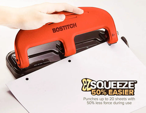 Hand using Three Hole Punch With PaperPro EZ Squeeze Technology Delivers 20 Sheet Capacity No Jam Action Easy Peasy Paper Punching