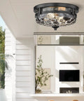 2-Light Farmhouse Flush Mount Ceiling Light Black With Hammered Glass Industrial fixture in a modern living room