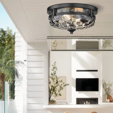2-Light Farmhouse Flush Mount Ceiling Light Black With Hammered Glass Industrial fixture in a modern living room