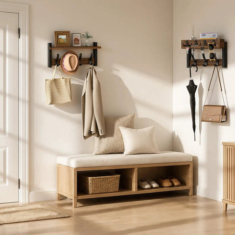 29 Inch Wall Mounted Coat Rack with Swanky Shelf and Heavy Duty Hooks for Entryway Organization Brown Storage Holder for Coats Bags Hats and Mail Hallway Rack that Updates Your Vibe and Maximizes Floor Space in stylish entryway.