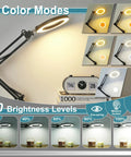 Lamp with 5 color modes and 10 brightness levels, showing adjustable settings and arm for desk lighting flexibility.