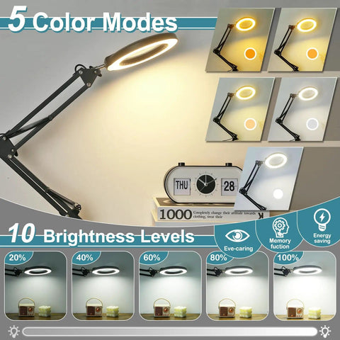 Lamp with 5 color modes and 10 brightness levels, showing adjustable settings and arm for desk lighting flexibility.